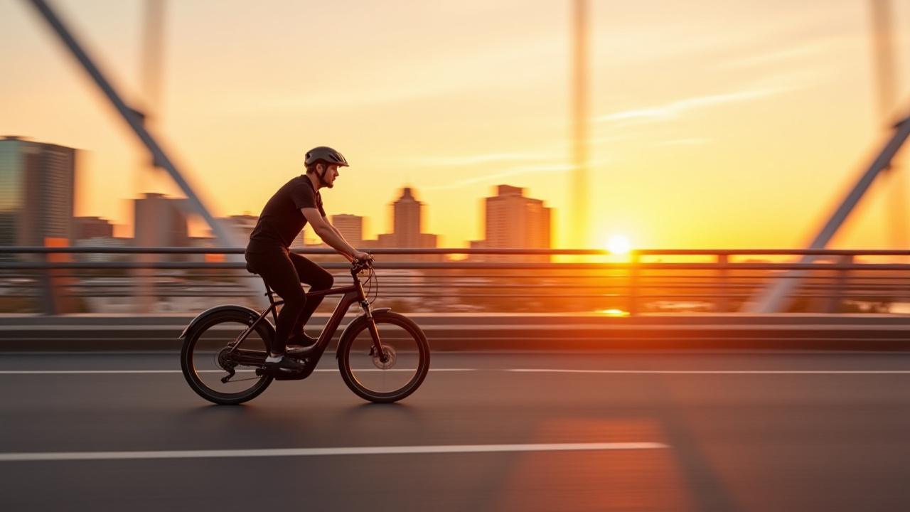 Person riding a Mythos e-bike across a scenic Tilikum Crossing bridge in Portland, Oregon at sunset